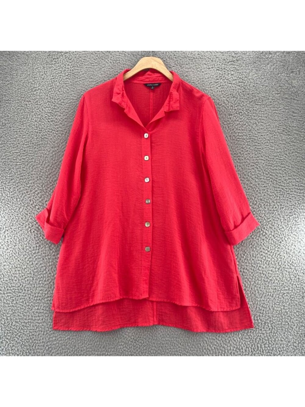 John Mark Top Womens Small Red Button Up Bermuda Wired Collar 3/4 Sleeves Tunic